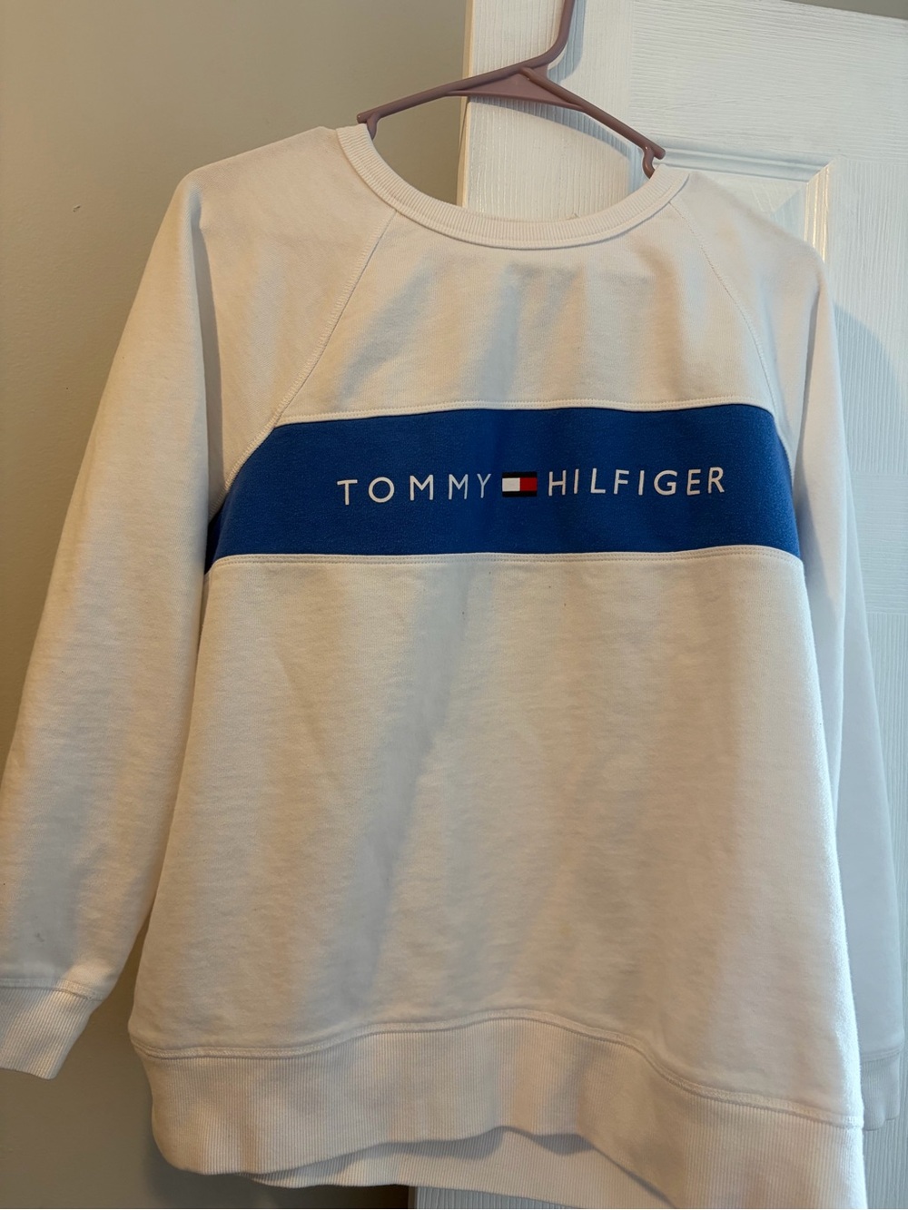 Tommy Hilfiger White Crewneck Sweater with Blue Chest Stripe